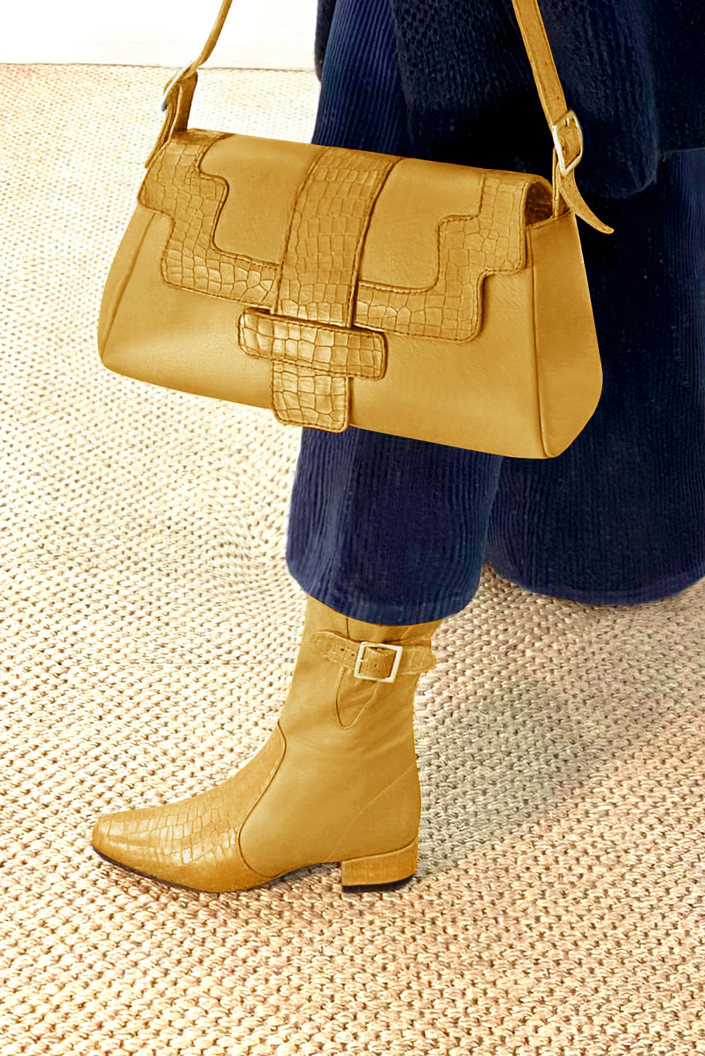 Mustard yellow women's dress handbag, matching pumps and belts. Worn view - Florence KOOIJMAN